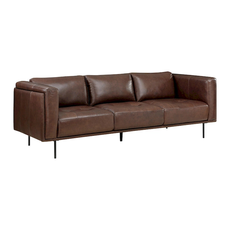Sen 88 Inch Low Back Tufted Sofa, Brown Top Grain Leather, Metal Legs
