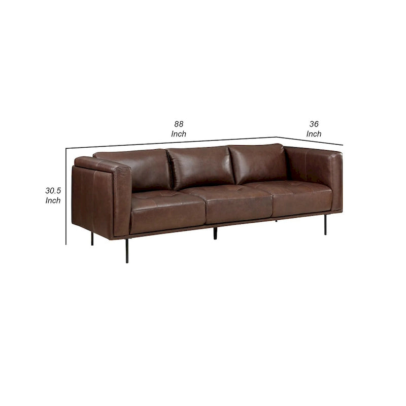 Sen 88 Inch Low Back Tufted Sofa, Brown Top Grain Leather, Metal Legs