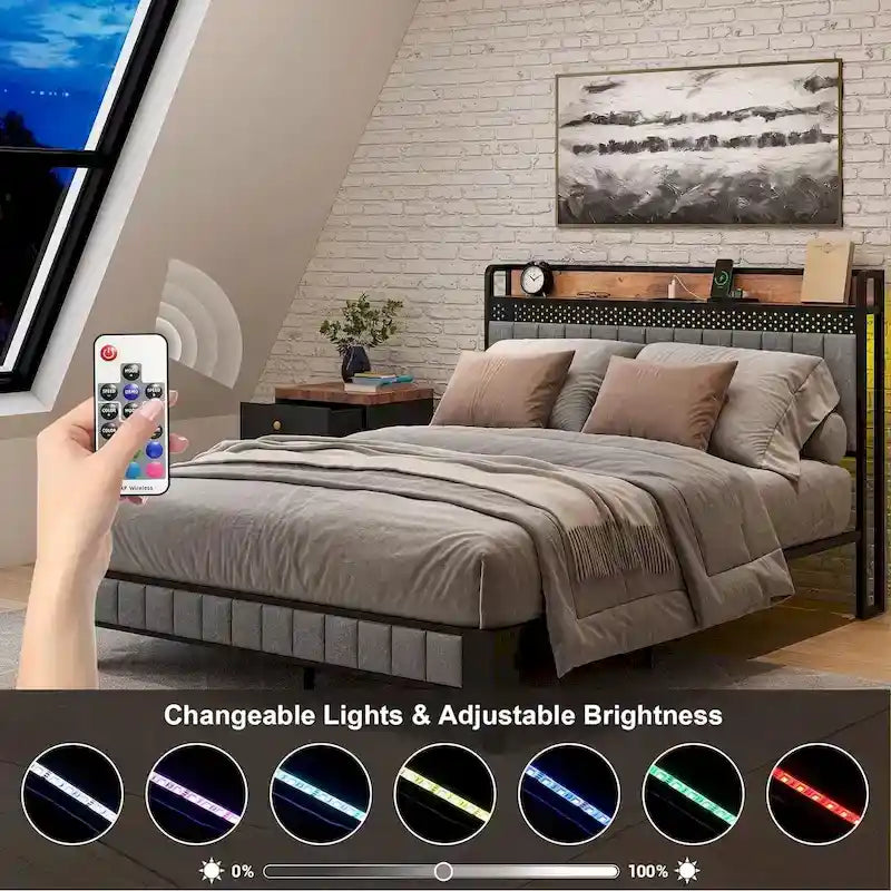 Queen Size Platform Bed Frame with Fabric Upholstered Headboard and Wooden Slats Support, No Box Spring Needed/Easy Assembly