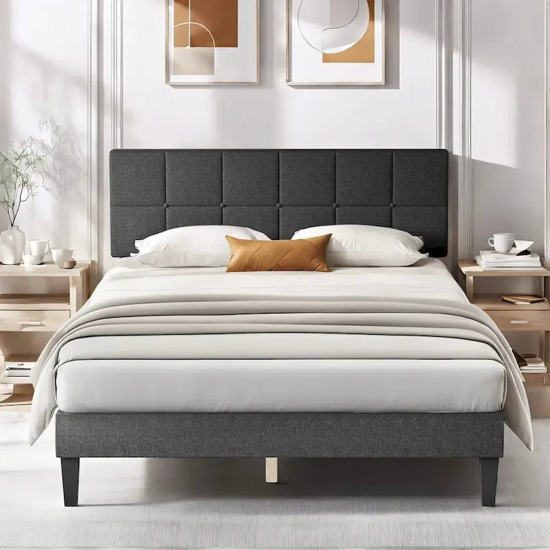 Queen Size Platform Bed Frame with Fabric Upholstered Headboard and Wooden Slats Support, No Box Spring Needed/Easy Assembly