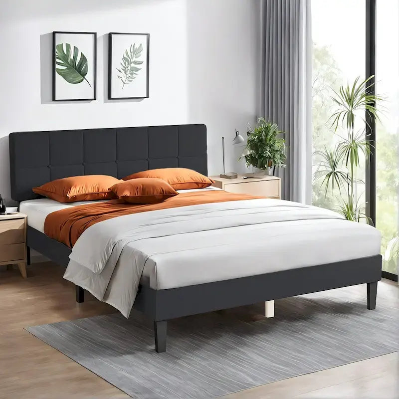 Queen Size Platform Bed Frame with Fabric Upholstered Headboard and Wooden Slats Support, No Box Spring Needed/Easy Assembly