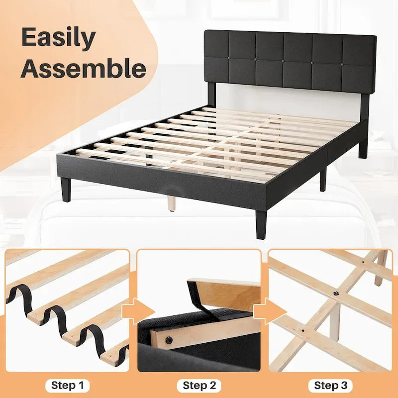 Queen Size Platform Bed Frame with Fabric Upholstered Headboard and Wooden Slats Support, No Box Spring Needed/Easy Assembly