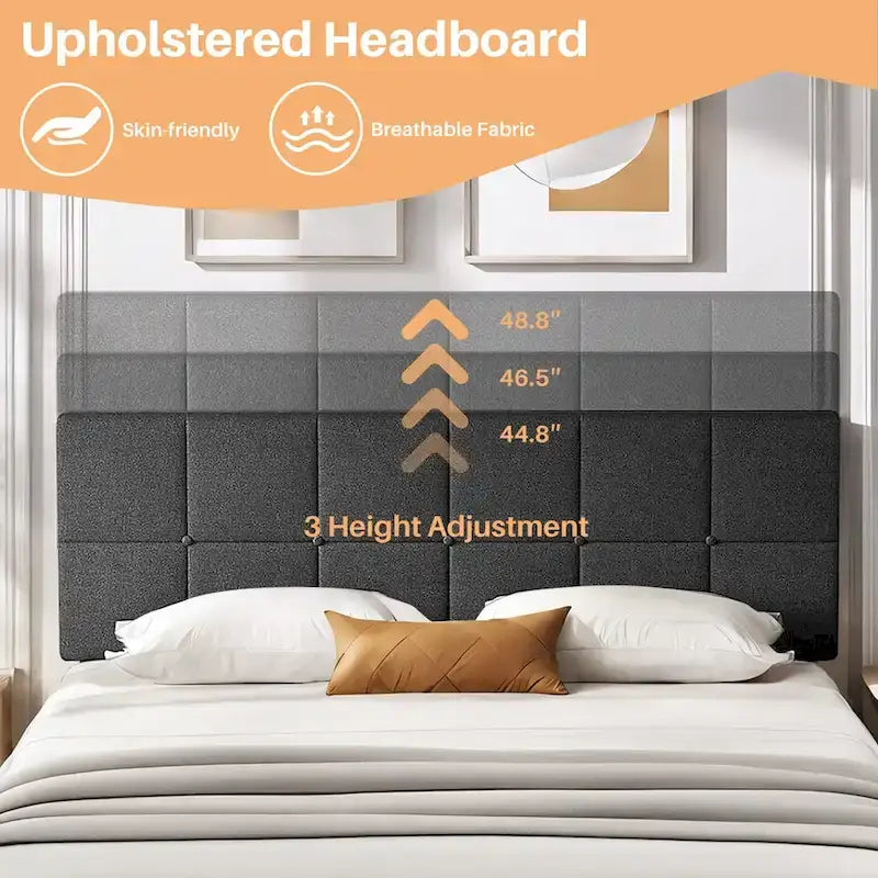 Queen Size Platform Bed Frame with Fabric Upholstered Headboard and Wooden Slats Support, No Box Spring Needed/Easy Assembly
