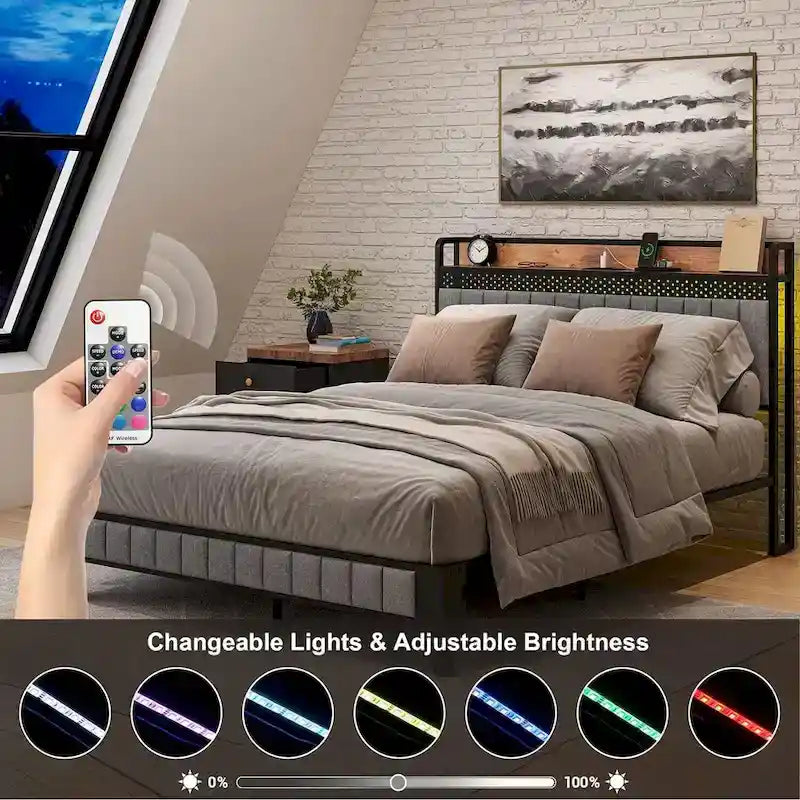 Queen Size Platform Bed Frame with Fabric Upholstered Headboard and Wooden Slats Support, No Box Spring Needed/Easy Assembly