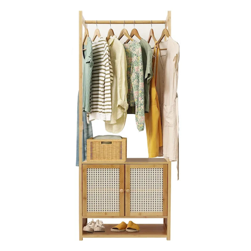 Bamboo Garment Rack with Clothes Rail Storage Organiser Freestanding - 21 x 13 x 66