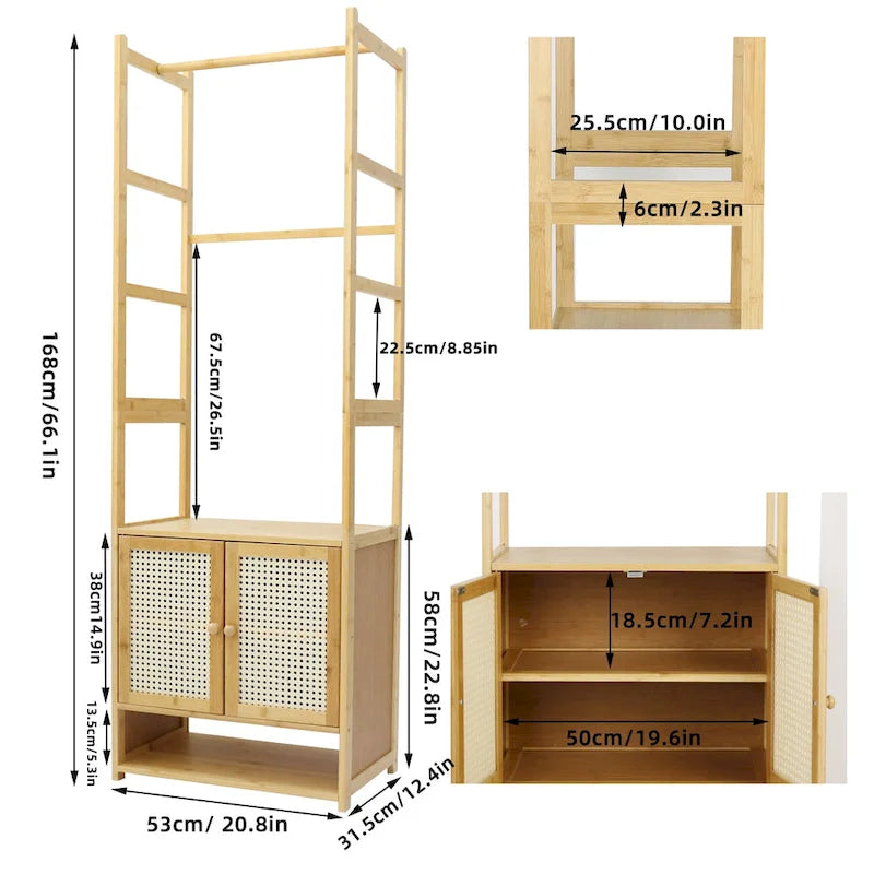 Bamboo Garment Rack with Clothes Rail Storage Organiser Freestanding - 21 x 13 x 66