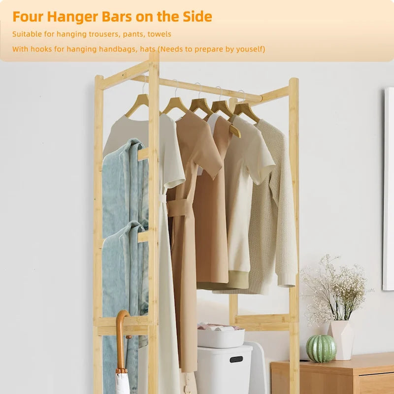 Bamboo Garment Rack with Clothes Rail Storage Organiser Freestanding - 21 x 13 x 66