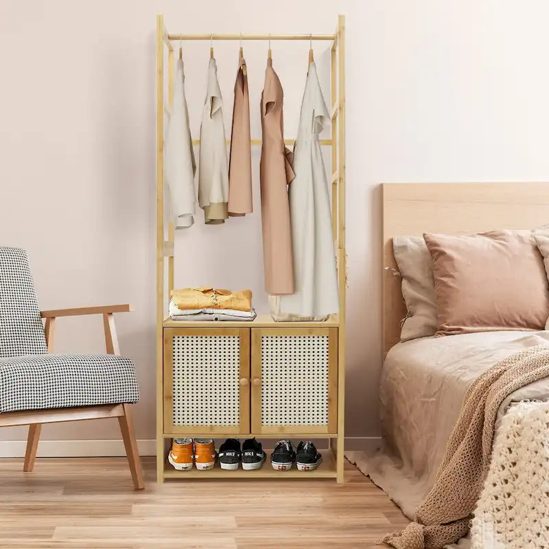 Bamboo Garment Rack with Clothes Rail Storage Organiser Freestanding - 21 x 13 x 66