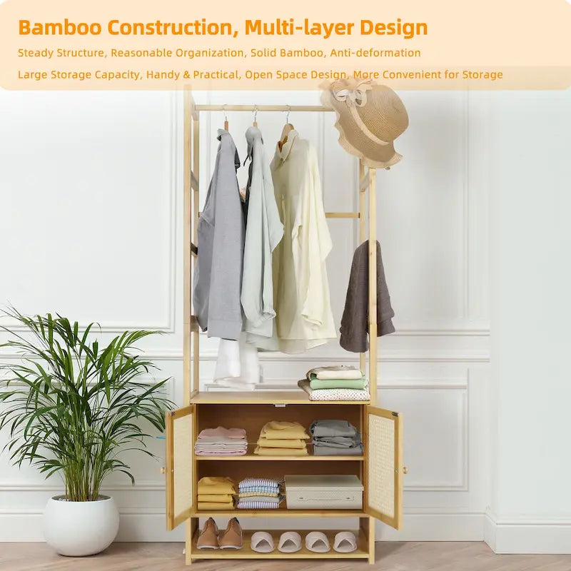 Bamboo Garment Rack with Clothes Rail Storage Organiser Freestanding - 21 x 13 x 66