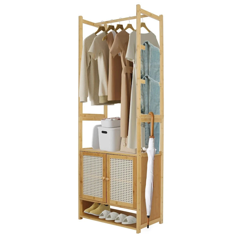 Bamboo Garment Rack with Clothes Rail Storage Organiser Freestanding - 21 x 13 x 66