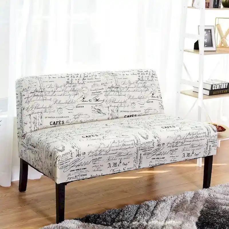 Modern Loveseat Sofa with Off-White Cursive Pattern Upholstery and Black Wood Legs - 50 x 28 x 30.5 (L x W x H)