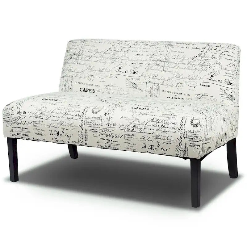 Modern Loveseat Sofa with Off-White Cursive Pattern Upholstery and Black Wood Legs - 50 x 28 x 30.5 (L x W x H)