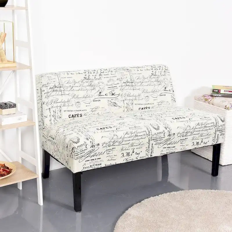 Modern Loveseat Sofa with Off-White Cursive Pattern Upholstery and Black Wood Legs - 50 x 28 x 30.5 (L x W x H)