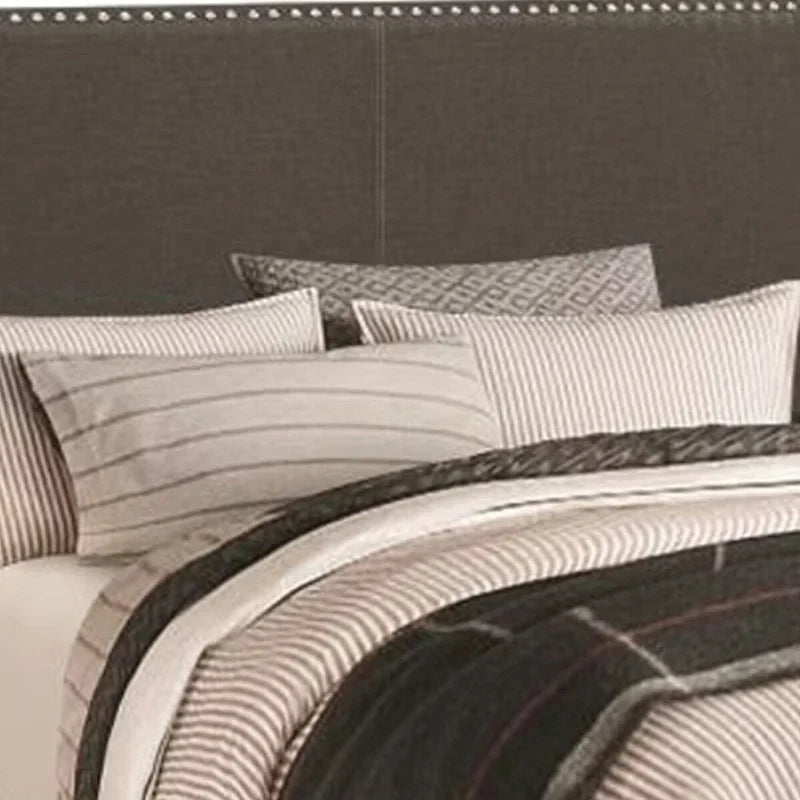 Fabric Upholstered Queen Size Platform Bed with Nail Head Trim, Charcoal Gray