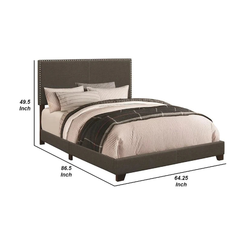 Fabric Upholstered Queen Size Platform Bed with Nail Head Trim, Charcoal Gray