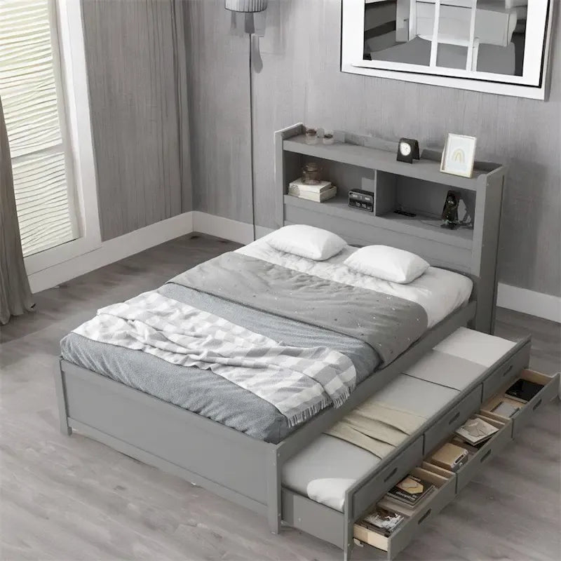 Full Size Platform Bed with Trundle and USB Plugs