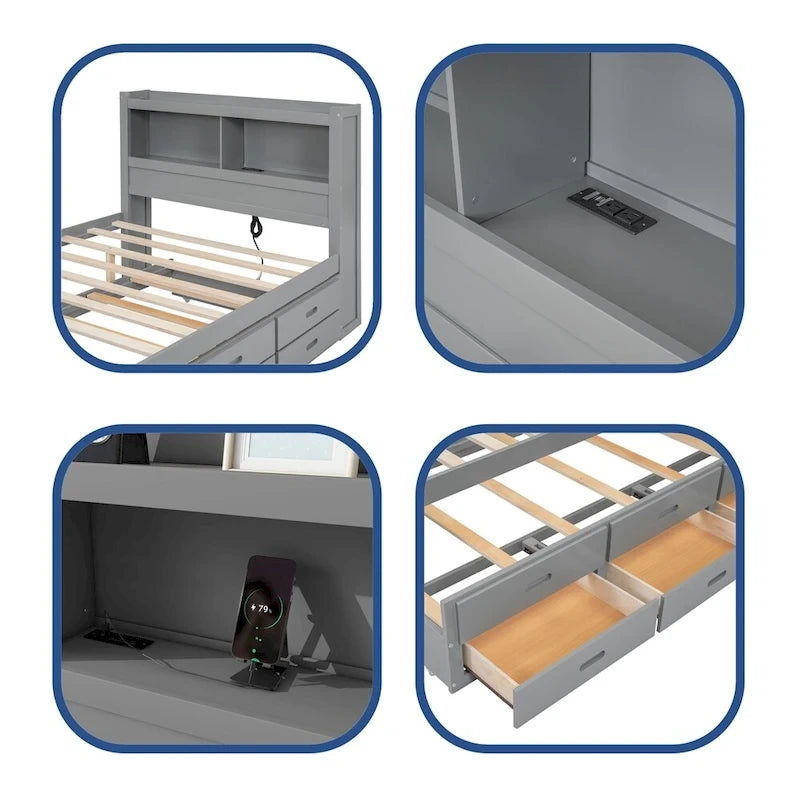 Full Size Platform Bed with Trundle and USB Plugs