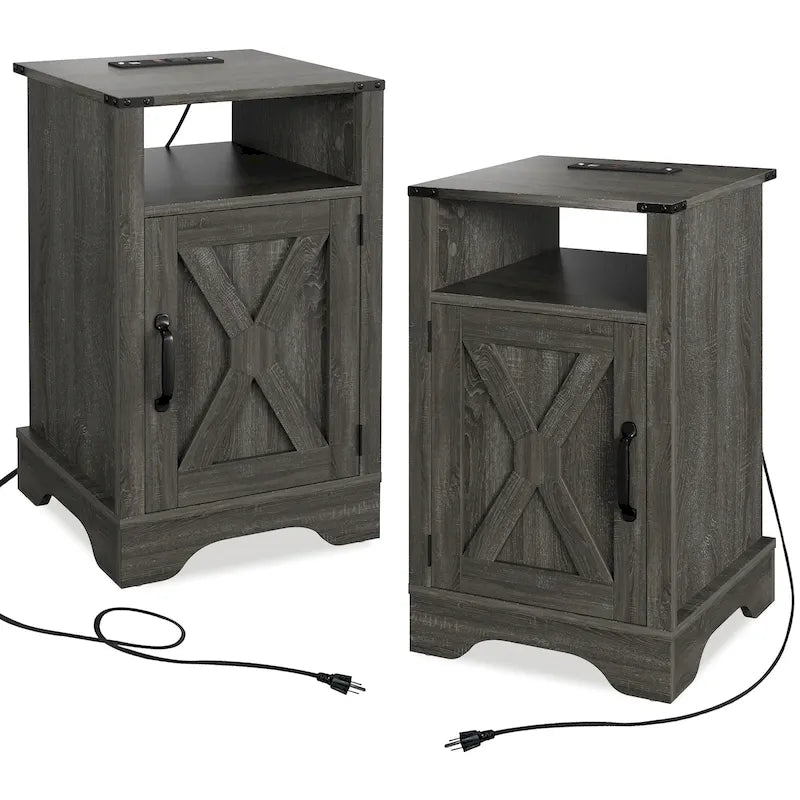 Farmhouse Nightstand with Charging Station and Barn Door (Set of 2)