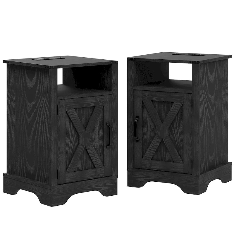 Farmhouse Nightstand with Charging Station and Barn Door (Set of 2)