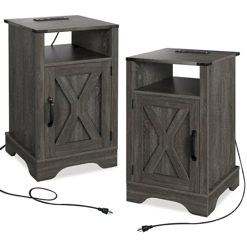 Farmhouse Nightstand with Charging Station and Barn Door (Set of 2)