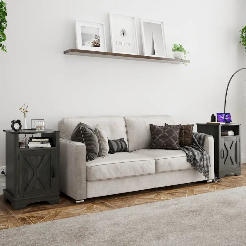 Farmhouse Nightstand with Charging Station and Barn Door (Set of 2)