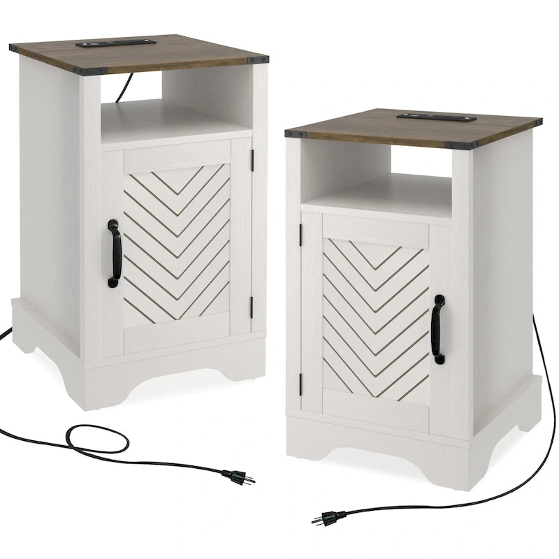 Farmhouse Nightstand with Charging Station and Barn Door (Set of 2)