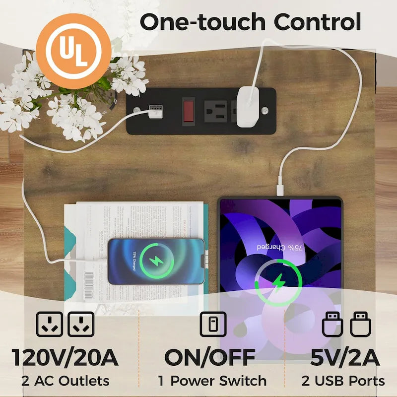 Farmhouse Nightstand with Charging Station and Barn Door (Set of 2)