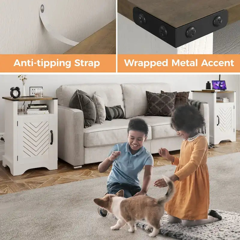 Farmhouse Nightstand with Charging Station and Barn Door (Set of 2)