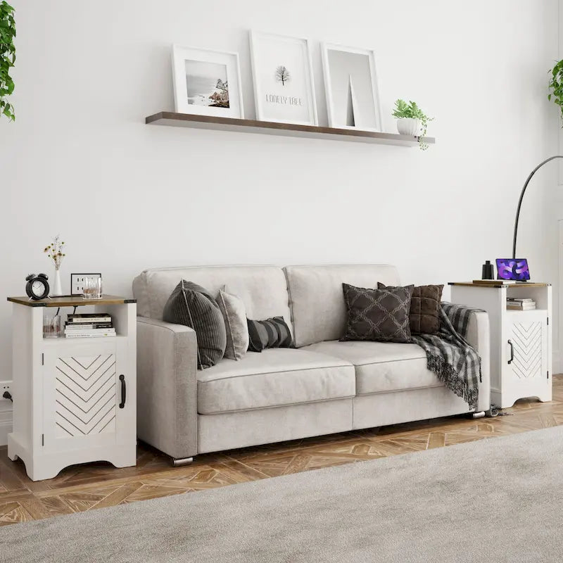 Farmhouse Nightstand with Charging Station and Barn Door (Set of 2)