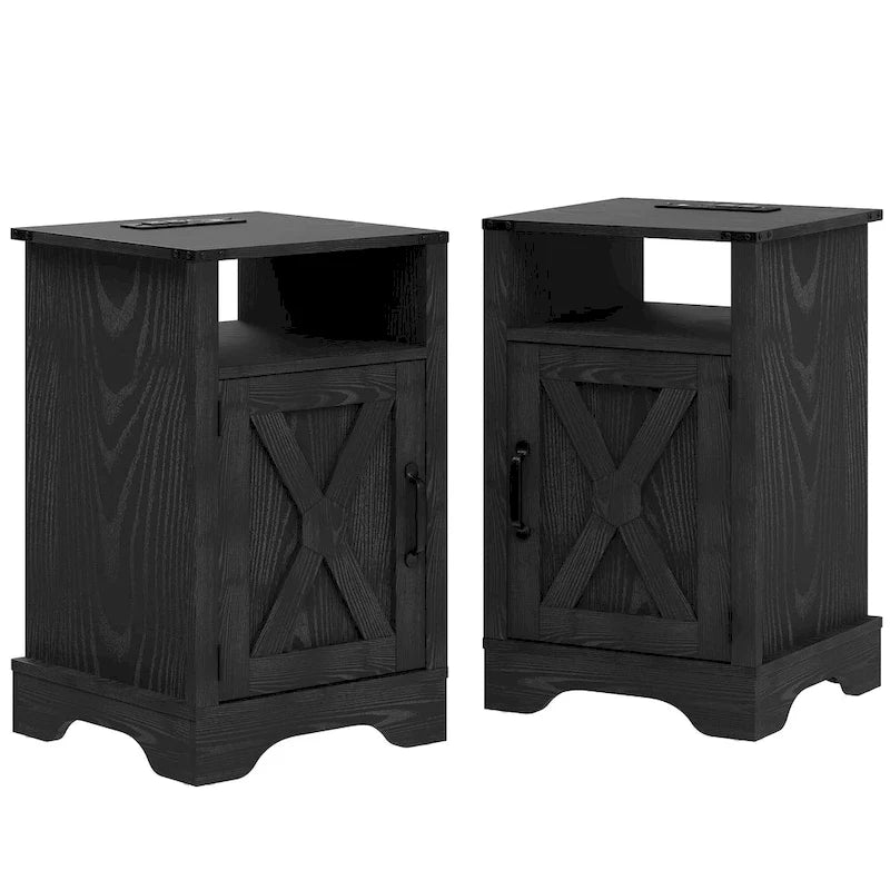 Farmhouse Nightstand with Charging Station and Barn Door (Set of 2)