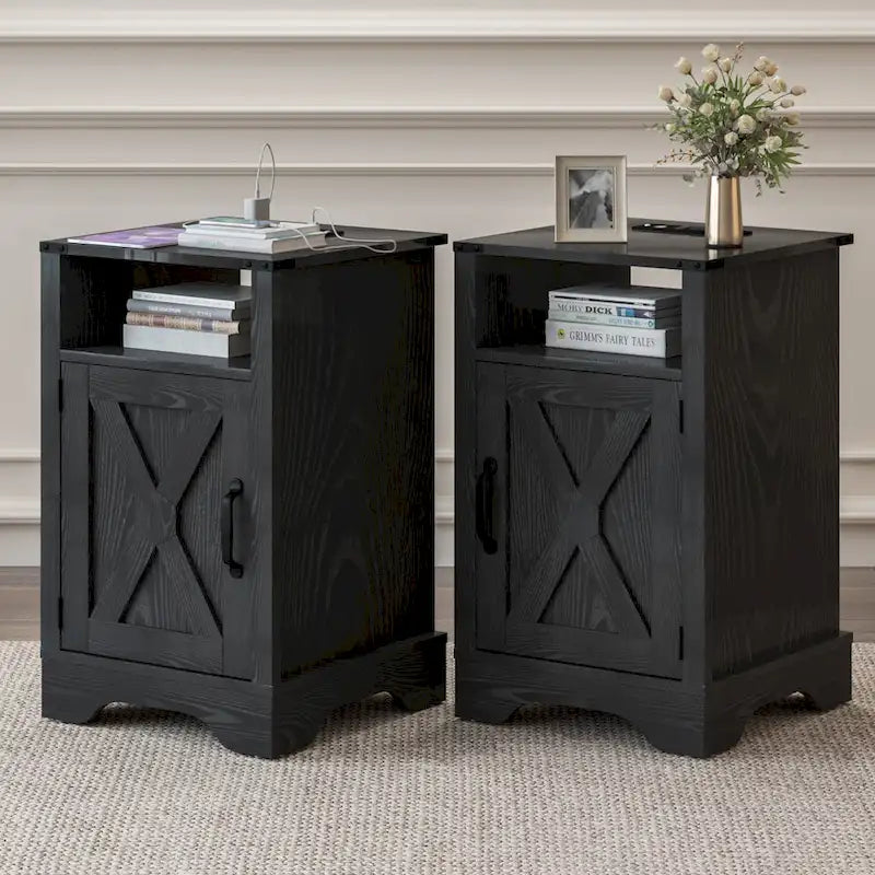 Farmhouse Nightstand with Charging Station and Barn Door (Set of 2)