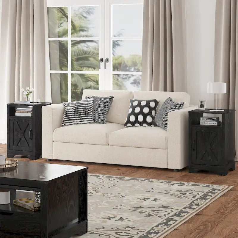 Farmhouse Nightstand with Charging Station and Barn Door (Set of 2)