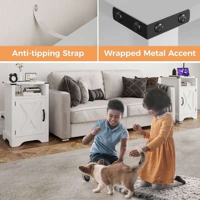 Farmhouse Nightstand with Charging Station and Barn Door (Set of 2)