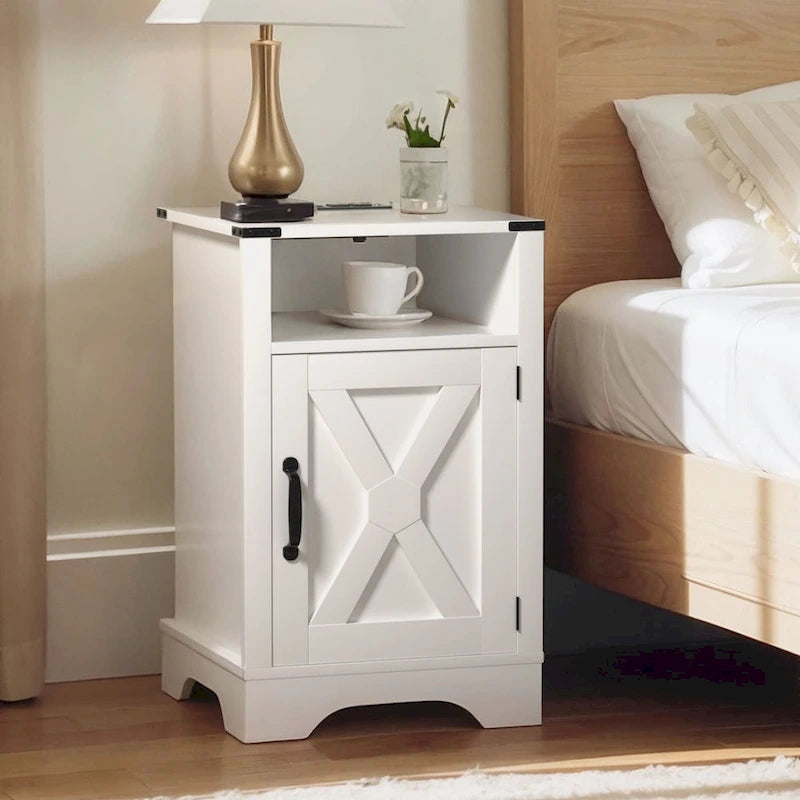 Farmhouse Nightstand with Charging Station and Barn Door (Set of 2)