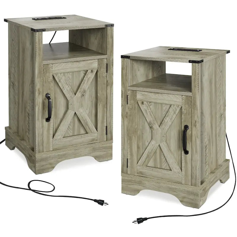 Farmhouse Nightstand with Charging Station and Barn Door (Set of 2)