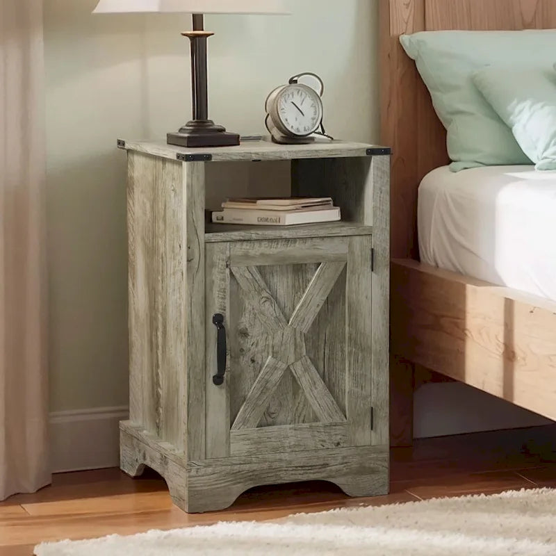 Farmhouse Nightstand with Charging Station and Barn Door (Set of 2)