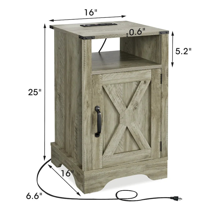 Farmhouse Nightstand with Charging Station and Barn Door (Set of 2)