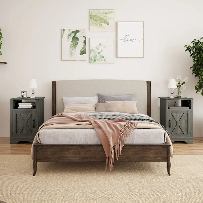 Farmhouse Nightstand with Charging Station and Barn Door (Set of 2)