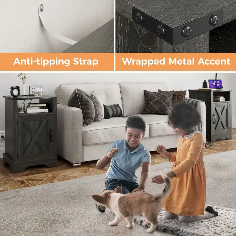 Farmhouse Nightstand with Charging Station and Barn Door (Set of 2)