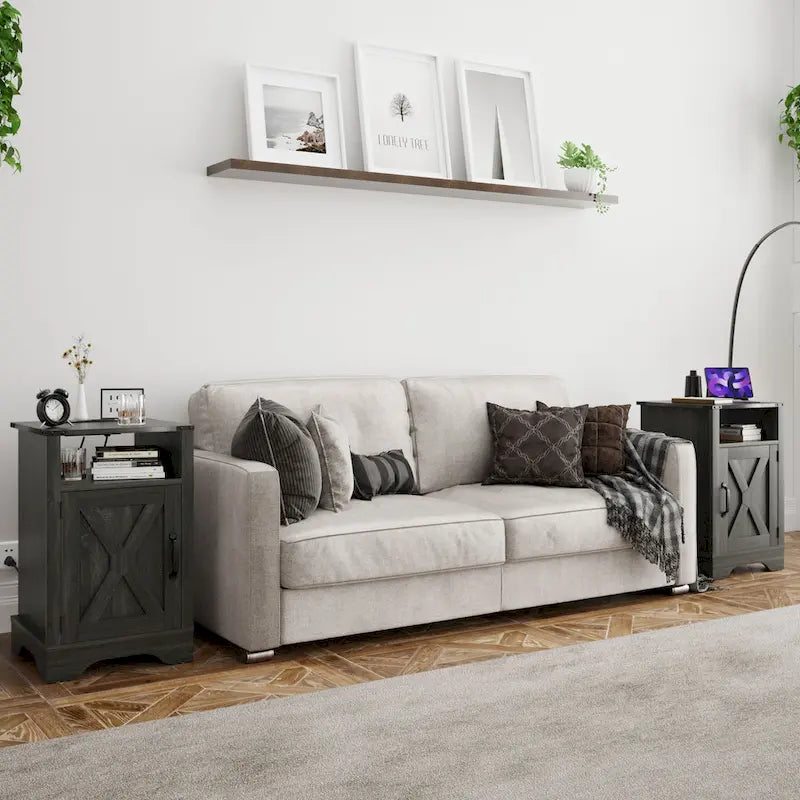 Farmhouse Nightstand with Charging Station and Barn Door (Set of 2)