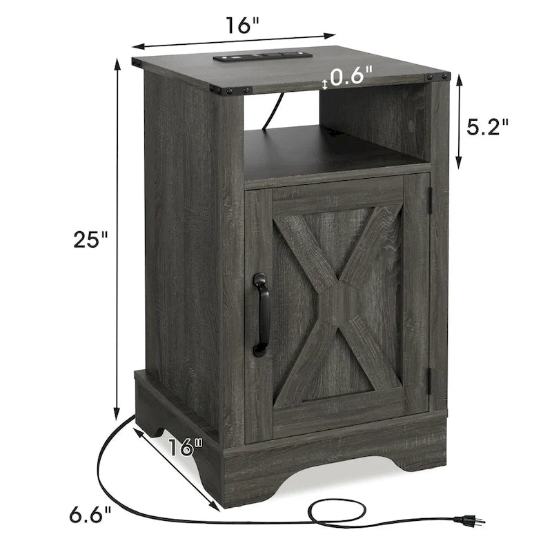 Farmhouse Nightstand with Charging Station and Barn Door (Set of 2)