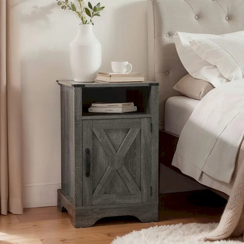 Farmhouse Nightstand with Charging Station and Barn Door (Set of 2)