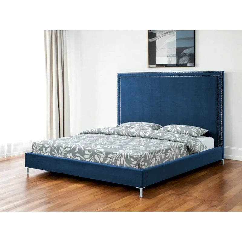 Navy Blue Solid Wood King Upholstered Velvet Bed with Nailhead Trim