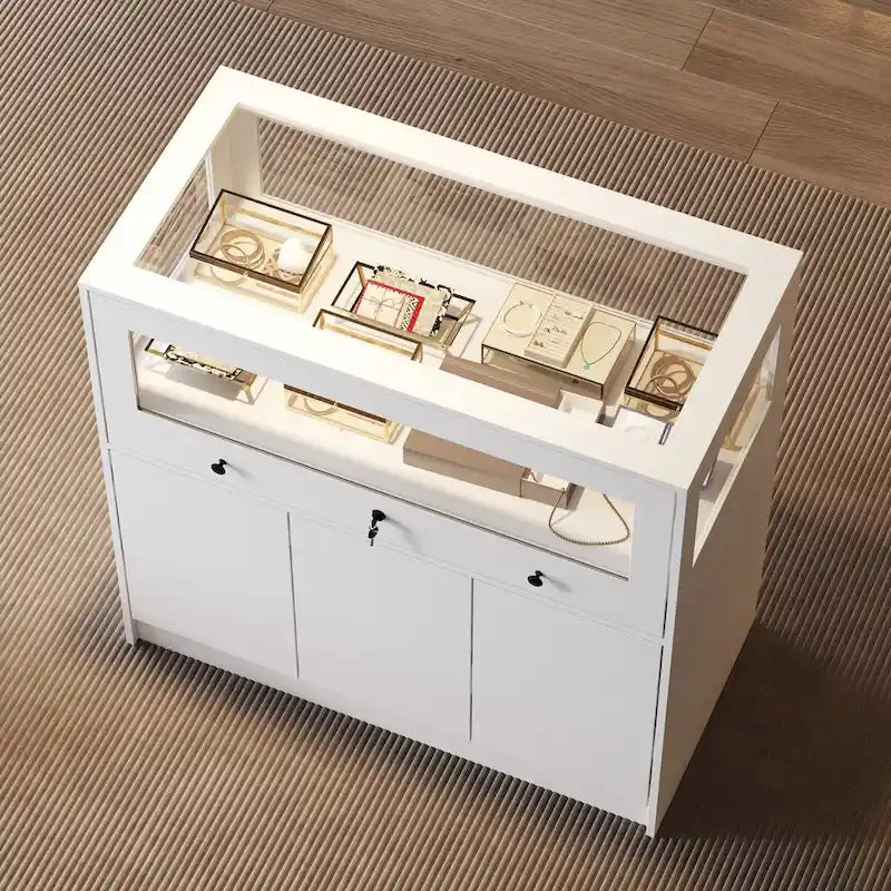 Jewelry and Display Cabinet with Glass Top and Secure Storage Dresser