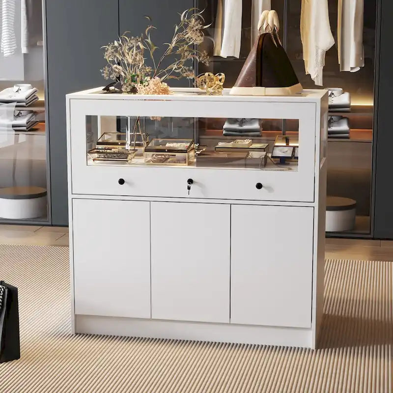 Jewelry and Display Cabinet with Glass Top and Secure Storage Dresser