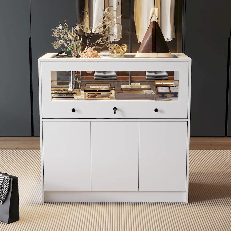 Jewelry and Display Cabinet with Glass Top and Secure Storage Dresser