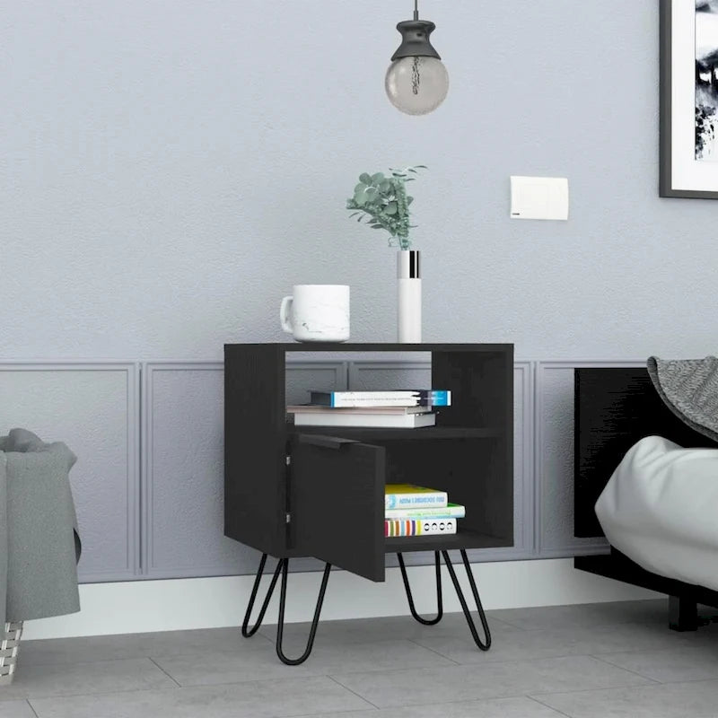 Nightstand 22H, One Open Shelf, Single Door Cabient, Hairpin Legs, Black