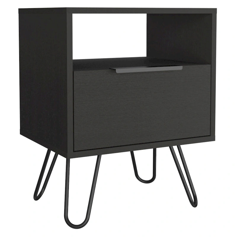 Nightstand 22H, One Open Shelf, Single Door Cabient, Hairpin Legs, Black