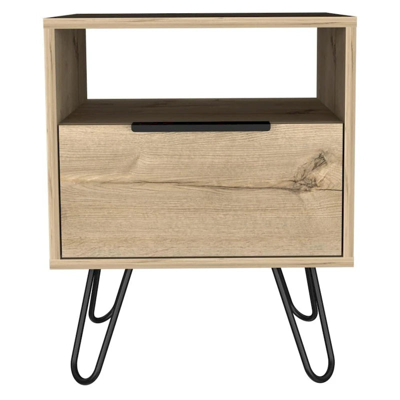 Nightstand 22H, One Open Shelf, Single Door Cabient, Hairpin Legs, Black