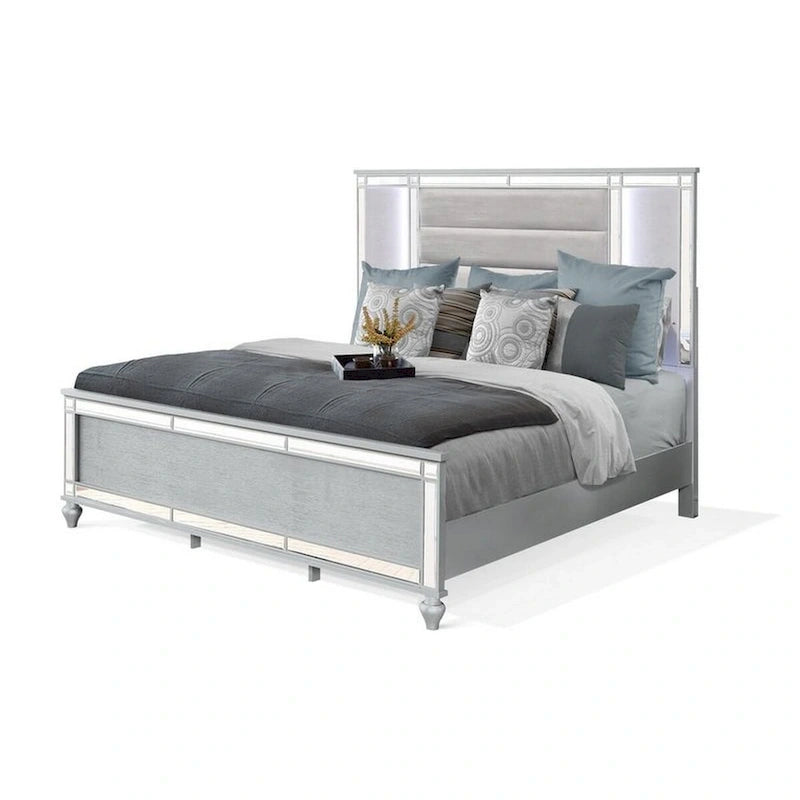 Lio Modern King Size Bed, LED, Mirror Trim, Silver Velvet Tufted Upholstery